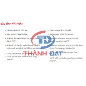 Đặc tính kỹ thuật dây cáp điện AV CADIVI hạ thế 0,6/1KV, 1 lõi, ruột nhôm, cách điện PVC